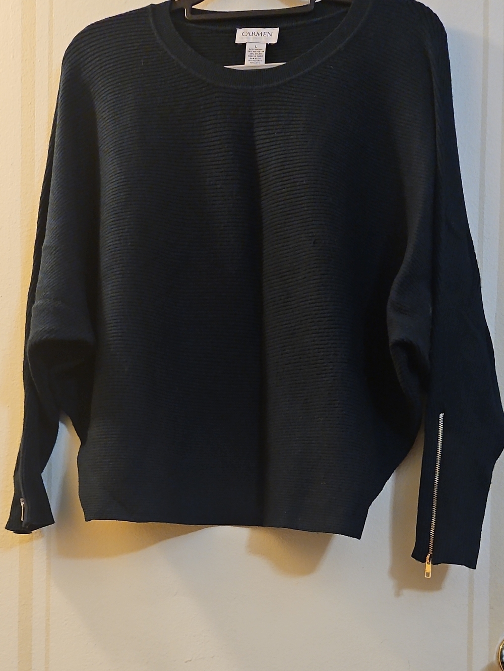 Carmen Hunter Green Ribbed Knit Sweater with Zippered Dolman Sleeves, Sz Large